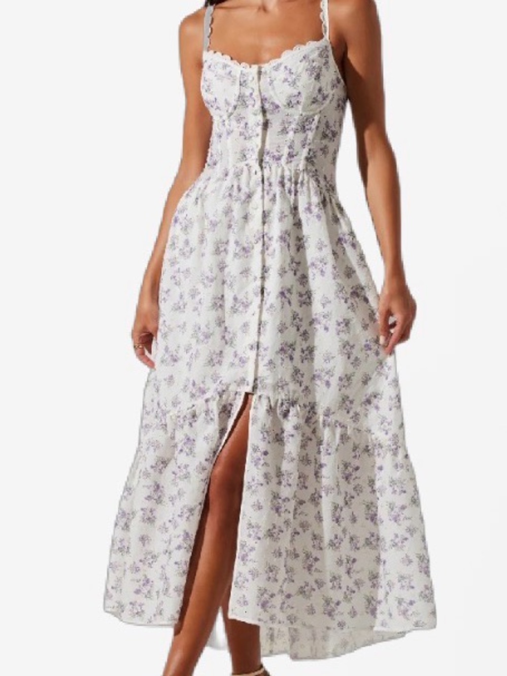 Floral ASTR the Label Lace-Trim Midi Dress in White with Lavender Print